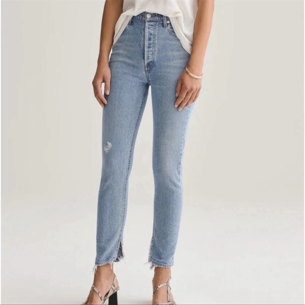 Agolde Nico High Rise Skinny Jeans, Distressed, Raw Hem, Button Fly, Size 26